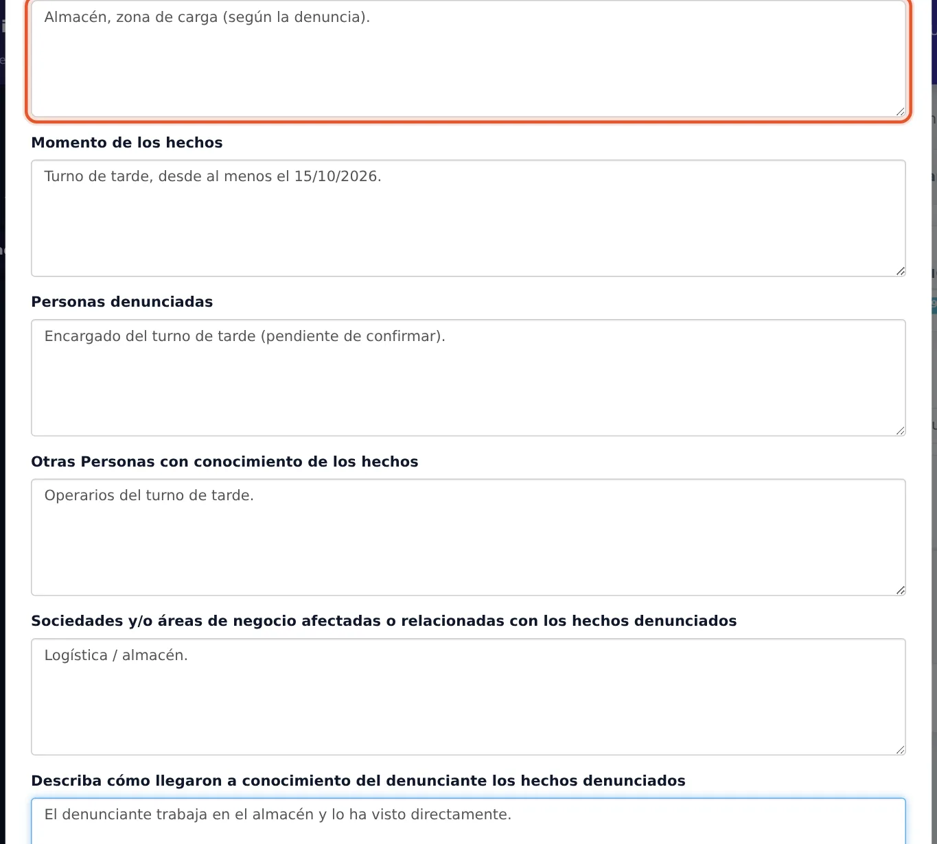 Campos del expediente que hay que completar antes de guardar