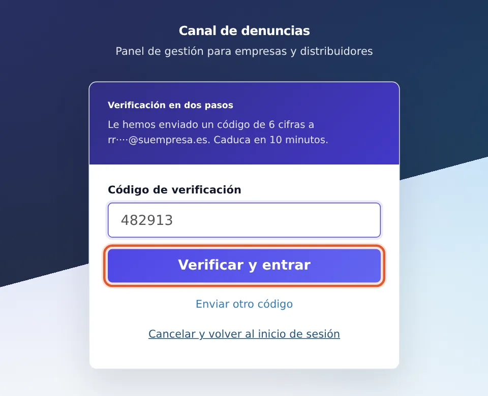 Verificación en dos pasos: código de 6 cifras recibido por correo