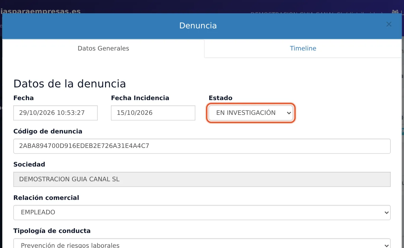 Desplegable «Estado» de la ficha de la denuncia