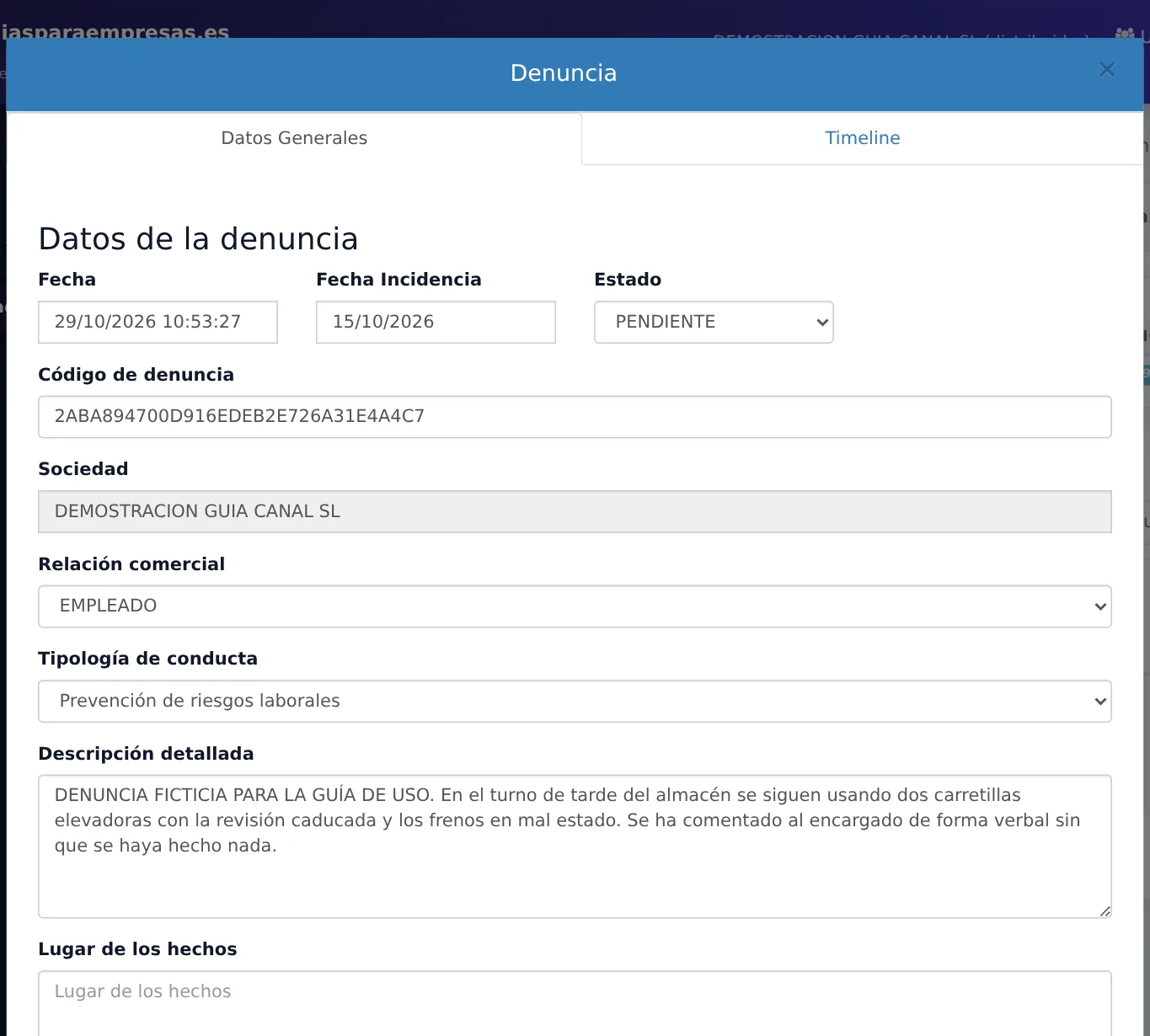 Ficha de la denuncia, pestaña «Datos Generales»