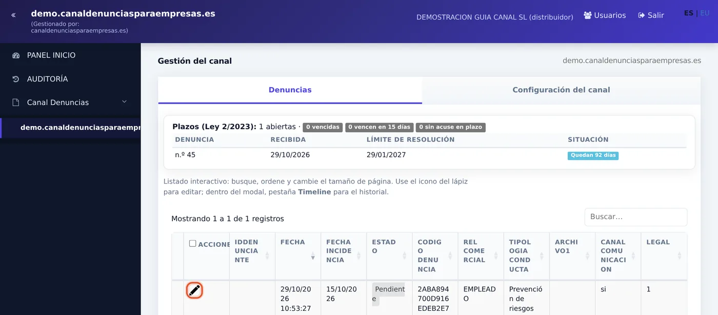 Icono del lápiz para abrir la ficha de la denuncia