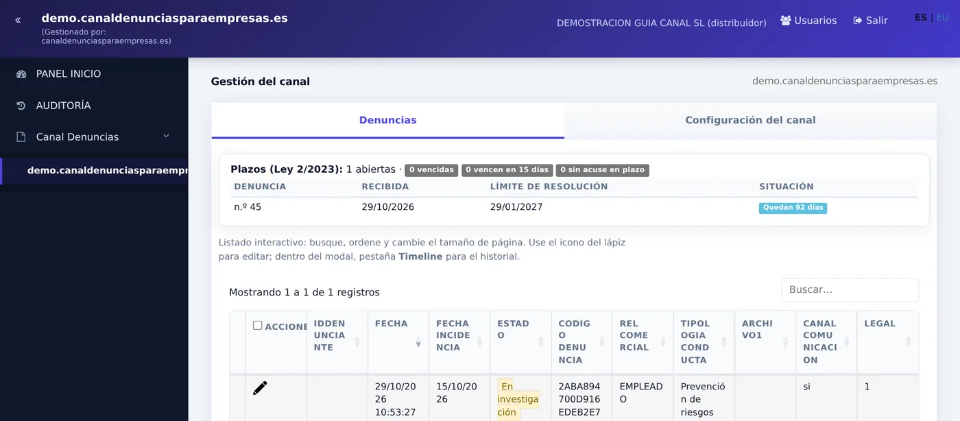 Listado de denuncias con el estado ya actualizado