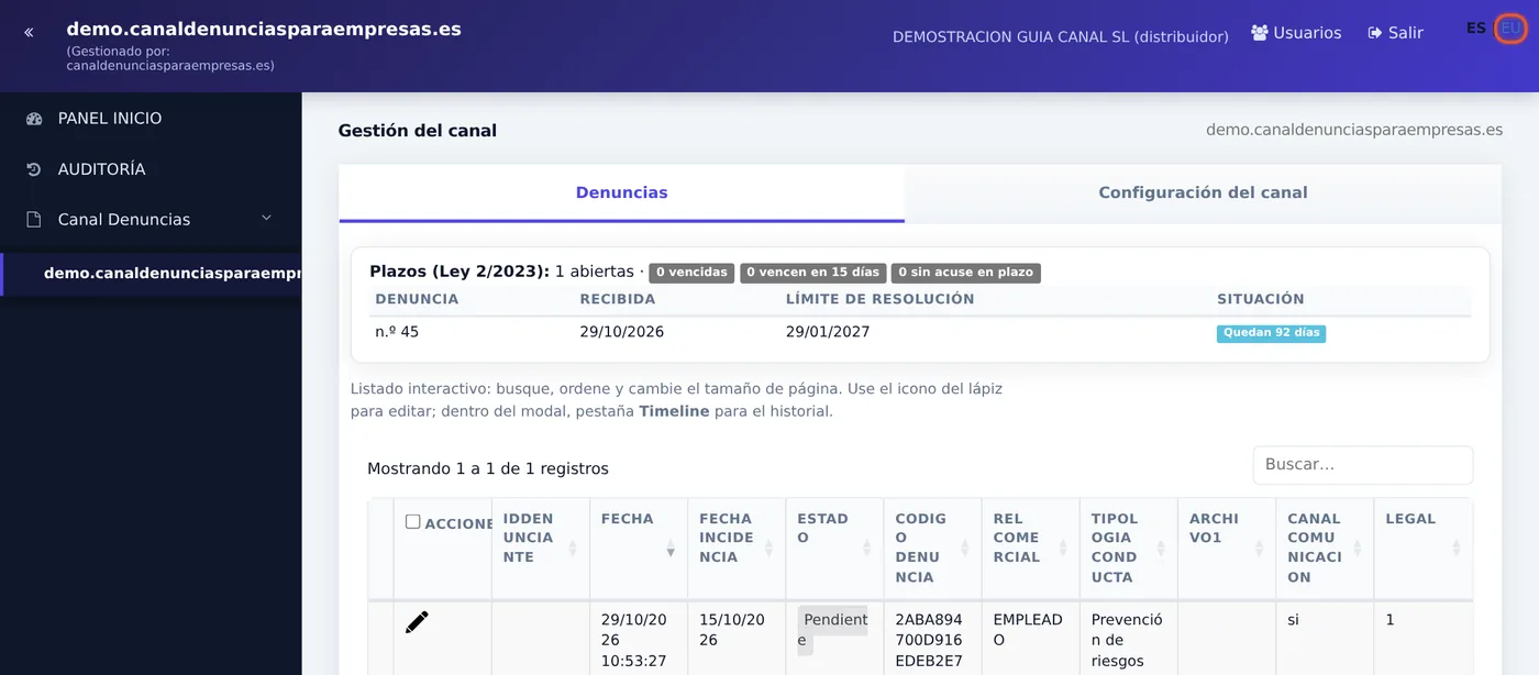 Pestaña Denuncias: resumen de plazos y listado de denuncias recibidas