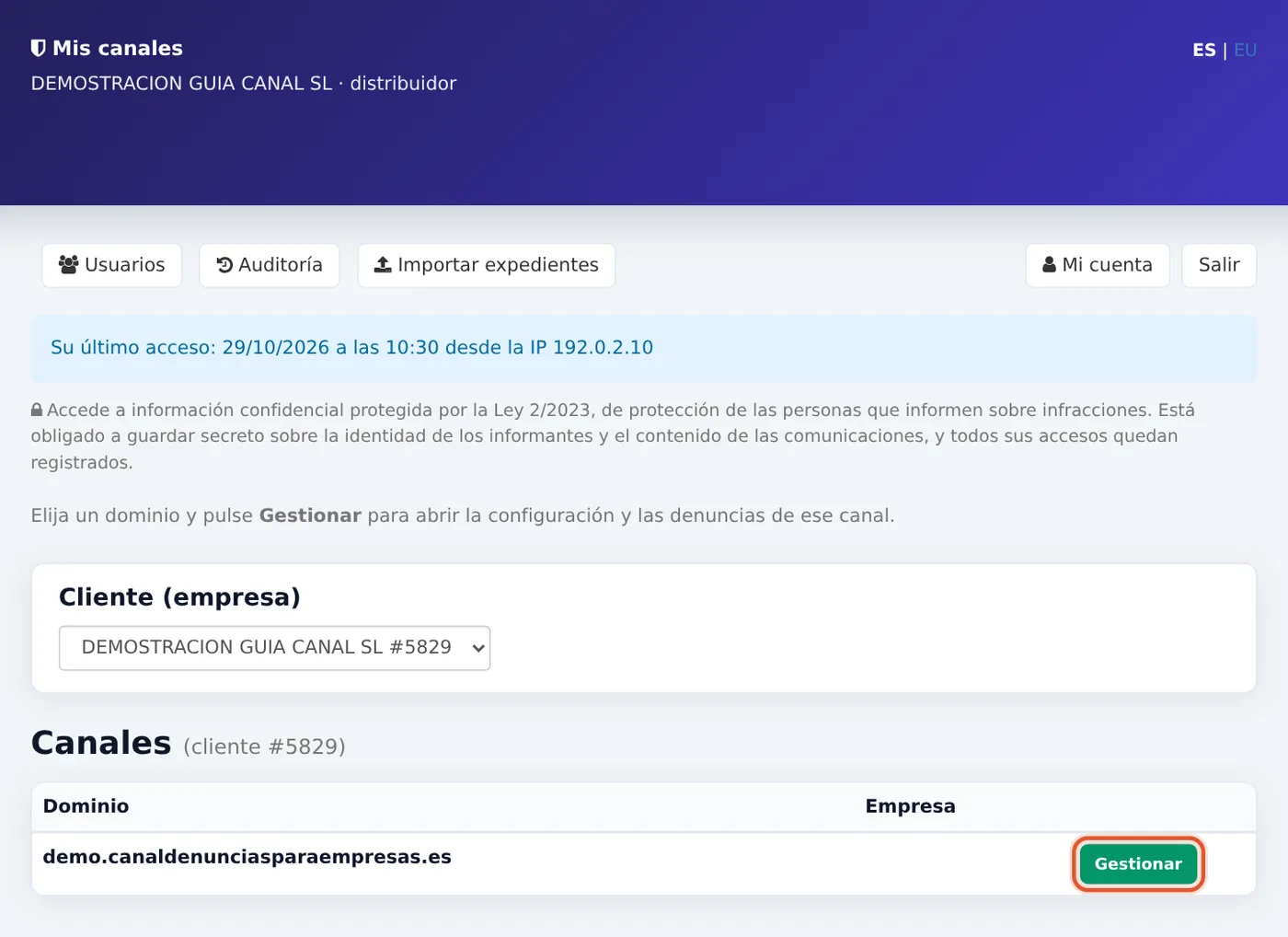 Mis canales: botón «Gestionar» del canal de la empresa