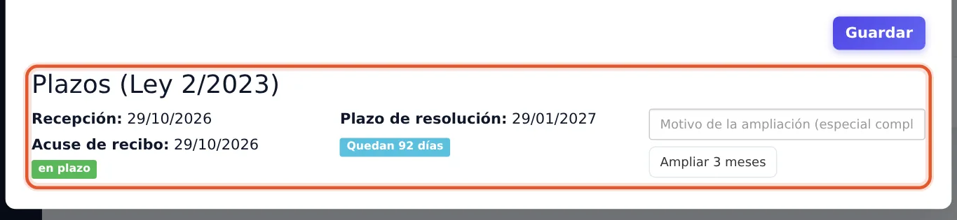 Bloque «Plazos (Ley 2/2023)» con el botón «Ampliar 3 meses»
